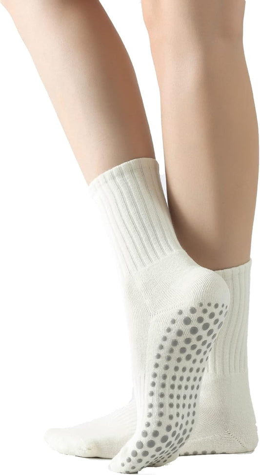 Yoga Pilates Socks with Grips for Women Non Slip Solid Colored Fleece Cushioned Mid Calf Crew Socks for Barre Ballet Dance