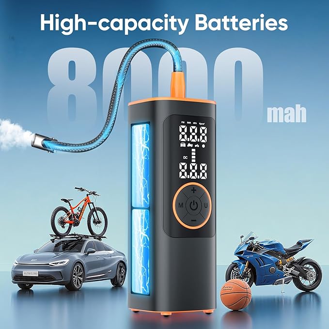 Tire Inflator Portable Air Compressor, 150PSI Cordless Air Pump for Car Tires, Electric Bike Tire Pump with Pressure Gauge, Auto Shut Off, LED Light for Car Motorcycle Bicycle Ball