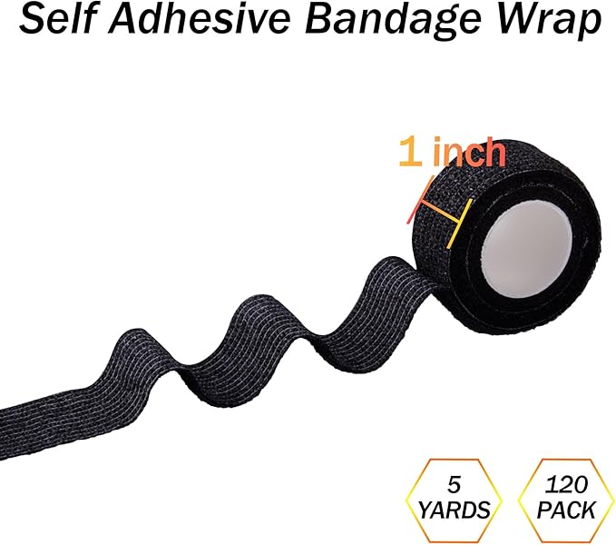 BQTQ 120 Rolls Self Adhesive Bandage Wrap 1 Inch x 5 Yards Black Athletic Tape Self Adherent Wrap Stretch Bandages Self Stick Bandage Wraps Tape for Wrist Ankle Swelling Sprains