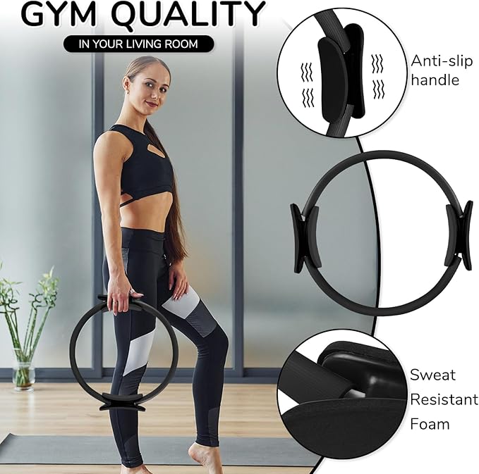 TOPZGLEEY Pilates Ring Set – 14" Anti-Deformation Magic Circle with Padded Handles, Mini Ball, 5 Resistance Bands, Guide, Pilates Equipment for Home Workout