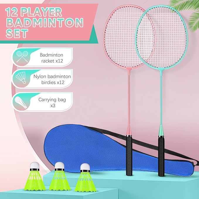 12 Pack Badminton Rackets Set Including Rackets, Nylon Shuttlecocks and Carry Bag for Outdoor Backyard Games Beginners