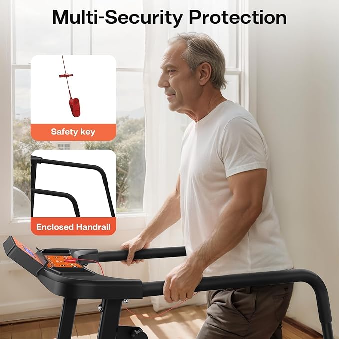 Treadmill for Seniors with Extended Long Handrails for Balance & Safety Foldable Elderly Treadmills for Home Composite Shock-Absorbing Treadmill for Seniors 300 lbs Capacity LCD Display APP Control