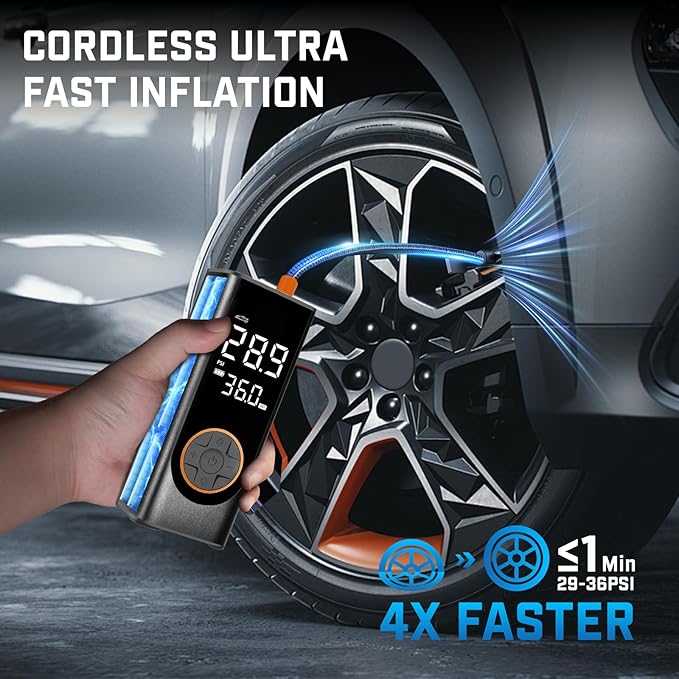 Tire Inflator Portable Air Compressor, 150PSI Cordless Air Pump for Car Tires, 4X Faster 12V DC Tire Pump with Tire Pressure Gauge, LED Light for Cars, Motorcycles, Bikes, Balls (Black)