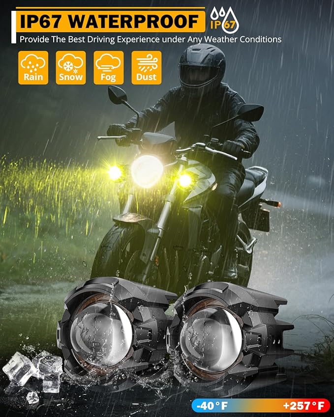 Auxbeam Motorcycle Auxiliary Lights Fog Lights LED Driving Light Spotlight with Halo DRL, White/Amber 8 Modes Dual-Color Strobe LED Offroad Work Lights for Motorcycle SUV ATV Trucks