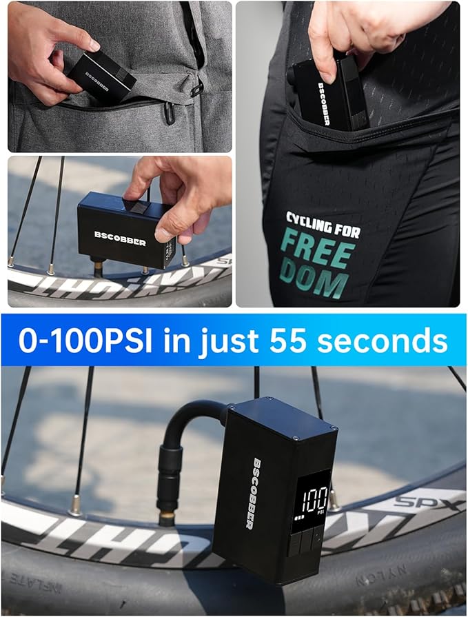 Mini Bike Pump Electric Bike Pump 150 PSI Portable Bike Tire Inflator Air Compressor Rechargeable Bicycle Air Pump with Gauge,Tiny Pump with Presta & Schrader Valve for Mountain/Road Bike