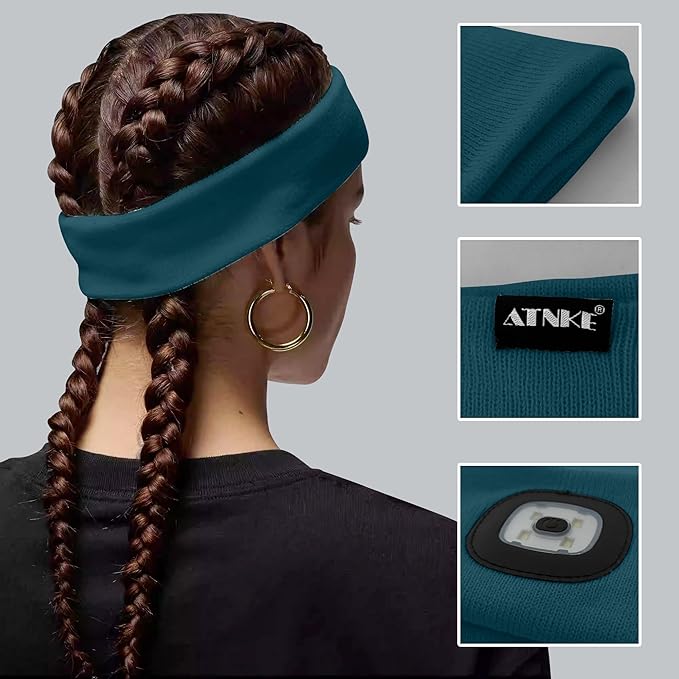 ATNKE 4 LED Lighted Sport Sweatband,USB Rechargeable Running Head Band Lamp High Stretch Wicking Gifts for Men and Women