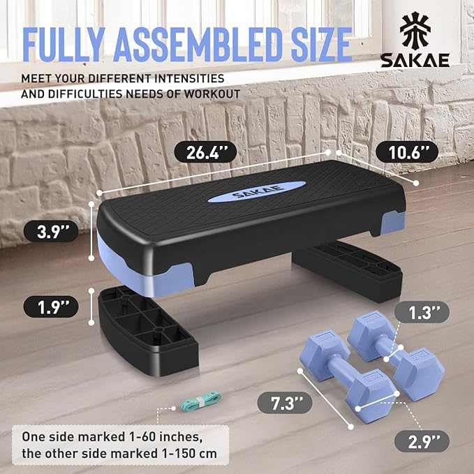 Adjustable Height Aerobic Stepper Set, Multiple Bundle Options with Dumbbells, Kettlebell, Waist Trimmer, Ankle Weights or Weighted Vest, Workout Exercise Step Platform w/Level Risers, 4 Colors