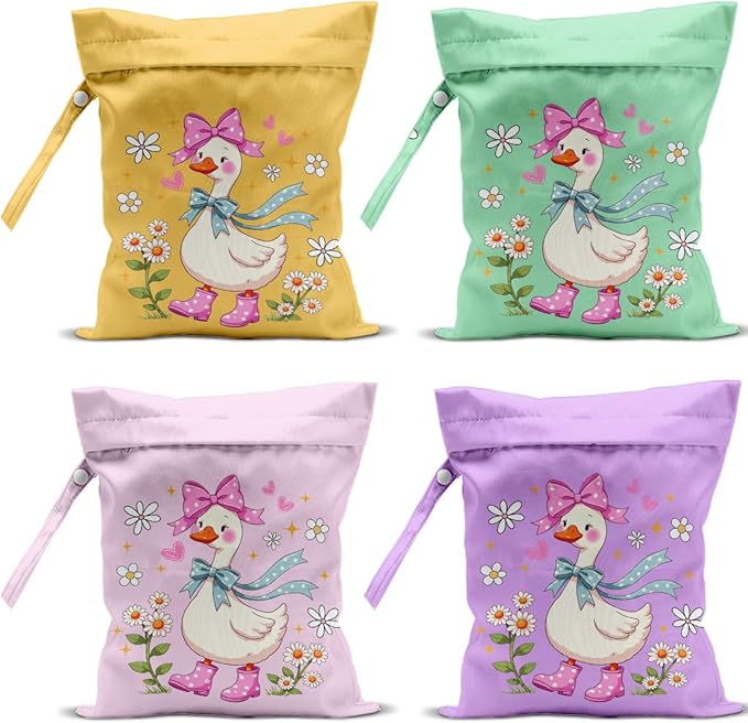 4 Pack Cute Wet Bag Waterproof Washable Reusable Wet Dry Bag for Swimsuit Clothes Cloth Diaper Travel Beach Pool Yoga Gym Toiletries Travel Beach Essentials, Bow Animal Goose Decor Lovers Gift
