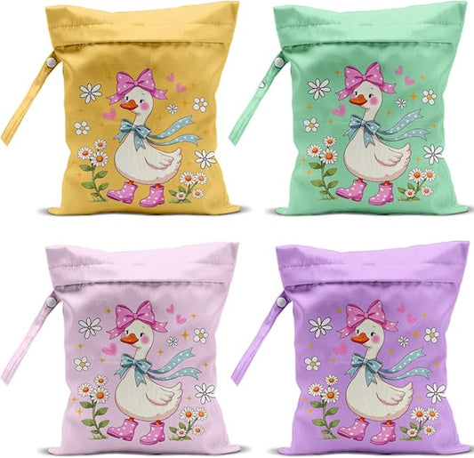 4 Pack Cute Wet Bag Waterproof Washable Reusable Wet Dry Bag for Swimsuit Clothes Cloth Diaper Travel Beach Pool Yoga Gym Toiletries Travel Beach Essentials, Bow Animal Goose Decor Lovers Gift