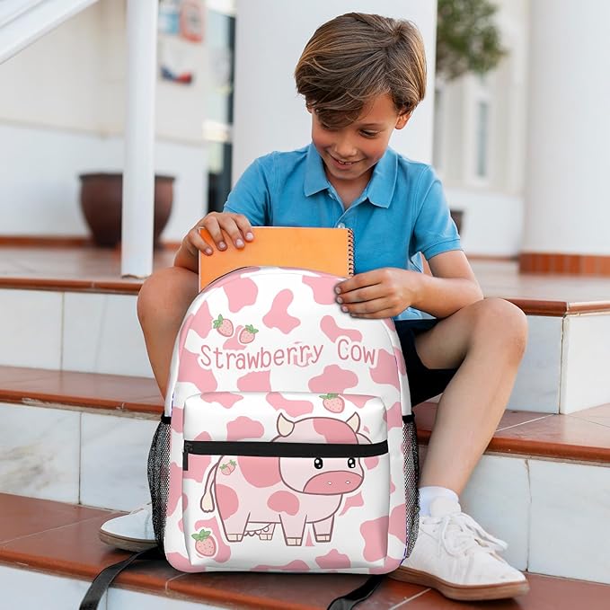 Cute Pink Strawberry Cow Print Backpack for Boys Girls Bookbags Lightweight Adjustable Elementary Middle High School Bags for Kids Children Teenagers Travel Daypack Laptop Hiking Backpacks