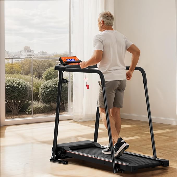 Treadmill for Seniors with Extended Long Handrails for Balance & Safety Foldable Elderly Treadmills for Home Composite Shock-Absorbing Treadmill for Seniors 300 lbs Capacity LCD Display APP Control
