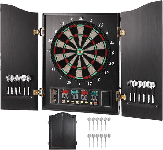 Pro Electronic Dartboard Cabinet Set with LED Digital Scoreboard Electronic Dart Board Over 27 Games and 243 Variations for Adults Built-in MDF Cabinet for 12 Soft Tip Darts 88 Tips 16-Player Scoring