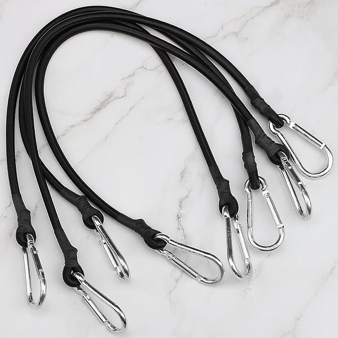 ZHOUBIN 24 Inch Black Bungee Cords with Carabiner Hooks, 4Pcs