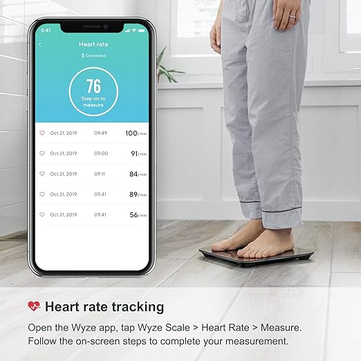 Wyze Smart Scale, Scale for Body Weight, Digital Bathroom Scale for Body Fat, BMI, and Heart Rate, Body Composition Analyzer with App, Batteries Included, Bluetooth, 400 lb, Black-New