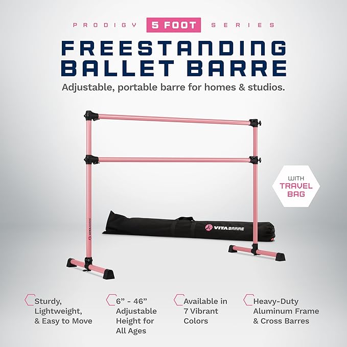 VITA Barre Portable Freestanding Double Ballet Barre, Prodigy, with Carry Bag | Adjustable Height, USA Made, Home or Gym Exercise Equipment for Kids & Adults | Dance, Fitness, Pilates