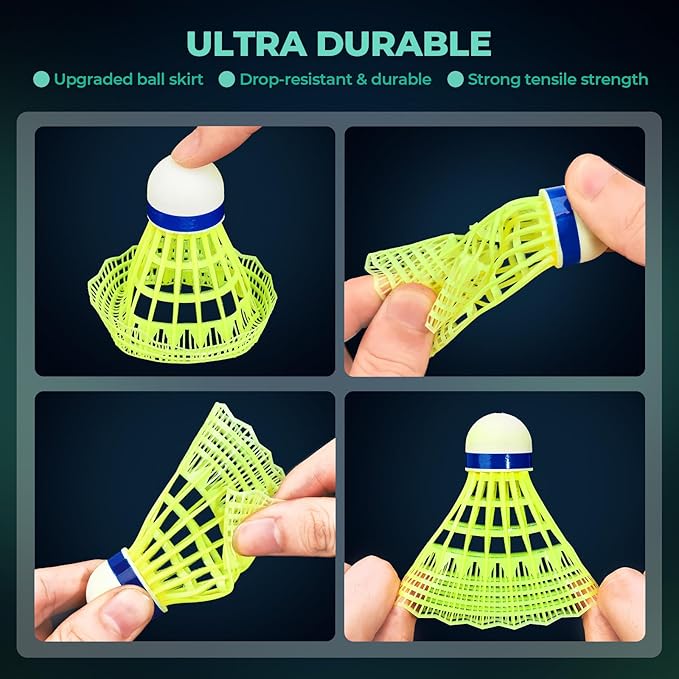 HIRALIY LED Badminton Birdies 6/12 PCS, 360 Nylon Glow in The Dark Badminton Shuttlecocks for Baseball Backyards Practice, 2 Color Plastic Light Up Birdie Set for Indoor Outdoor Sports Activities
