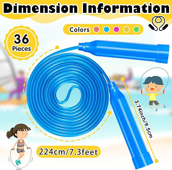 36 Pack Kids Jump Ropes, 7.3 Feet Colorful Adjustable Jump Ropes for Kids, Party Favors & Birthday Gifts, Indoor & Outdoor Activity