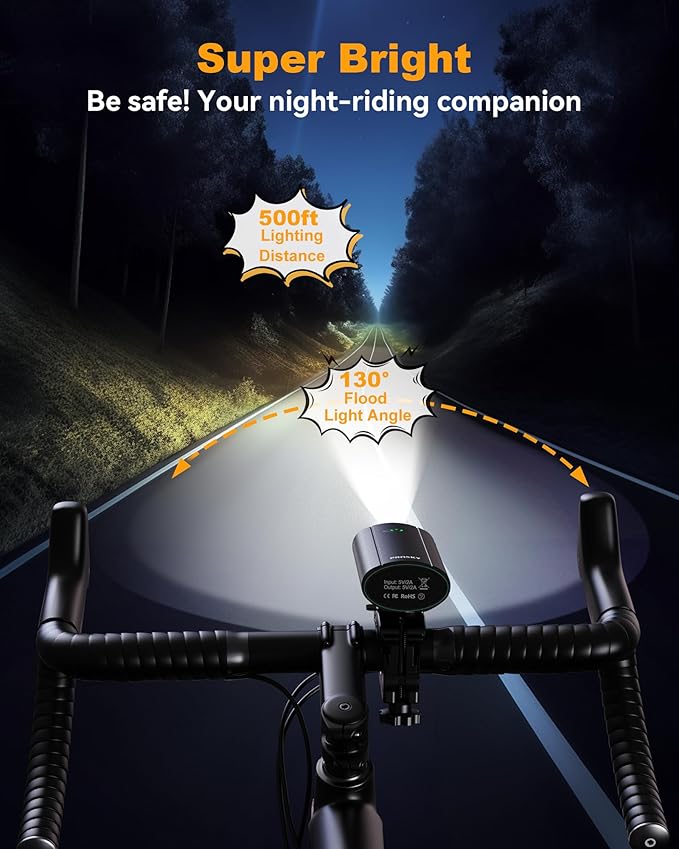 Super Bright Bike Lights for Night Riding, USB Rechargeable Mountain Bicycle Headlight, Waterproof, 6+4 Light Modes Bike Light Set for Cyclists and Commuters