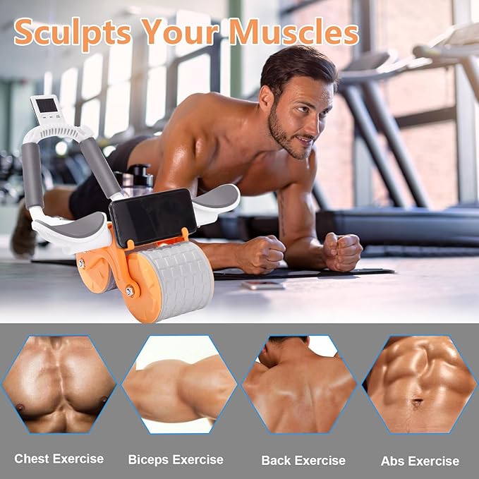 Bersauji 2025 New Ab Roller Wheel with Knee Mat &Timer, Automatic Rebound Abdominal Wheel, Ab Abdominal Exercise Roller with Elbow Support, Abs Workout Equipment Ab Exercise Roller for Women Men.