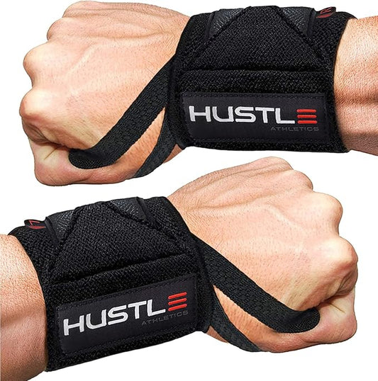 Hustle Athletics Wrist Wraps for Weightlifting, USPA-Approved Wrist Support Weight Lifting Wraps, Premium Hook-and-Loop, 12 in or 18 in Heavy-Duty Cotton-Elastic Support for Powerlifting & Bench Press
