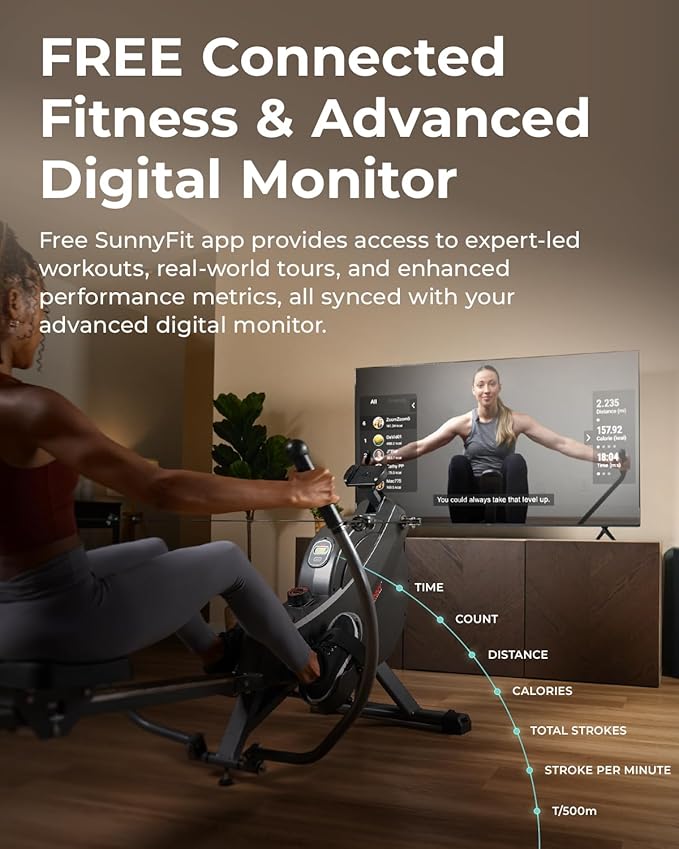 Sunny Health & Fitness Compact Full-Motion Rowing Machine w/Adjustable Resistance, Low-Impact Full-Body Workout Rower w/Long Slide Rail, Space-Saving Design, Optional Free SunnyFit App Connection