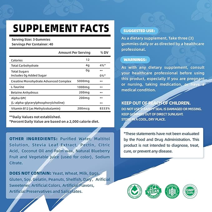Creatine Monohydrate Gummies Complex for Men & Women - 120 Gummies Advanced Formula, L-Taurine + Vitamin B12 for Muscle Strength, Muscle Builder, Energy Boost, Pre-Workout Supplement -Blueberry