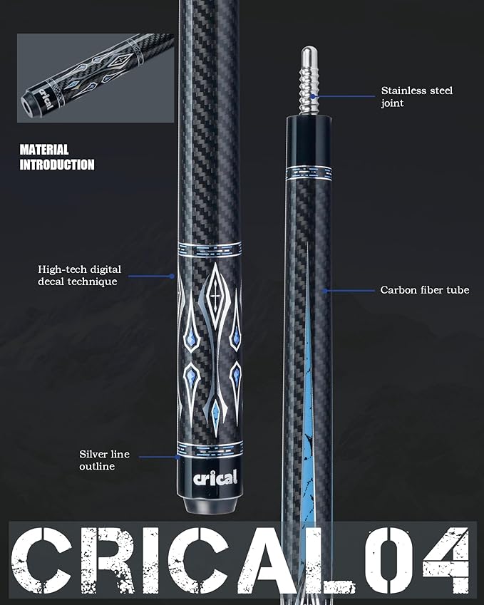 CRICAL Carbon Fiber Pool Cue Stick 58" Billiard Cue Sticks Professional Low Deflection Pool Sticks with 3/8 * 8 Pin Joint and 12.5mm Tip