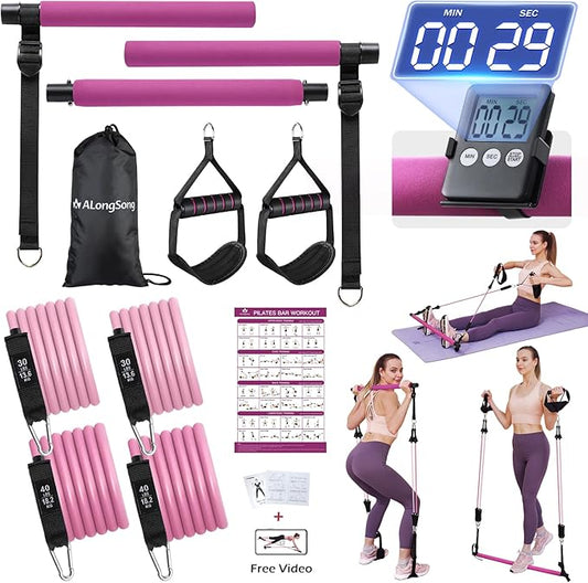 Upgraded Pilates Bar Kit with Resistance Bands Natural Latex for Women & Men, Heavy-Duty Stainless Steel Multifunctional Yoga Pilates Stick for Home Gym Exercise Fitness Equipment Full-Body Workouts