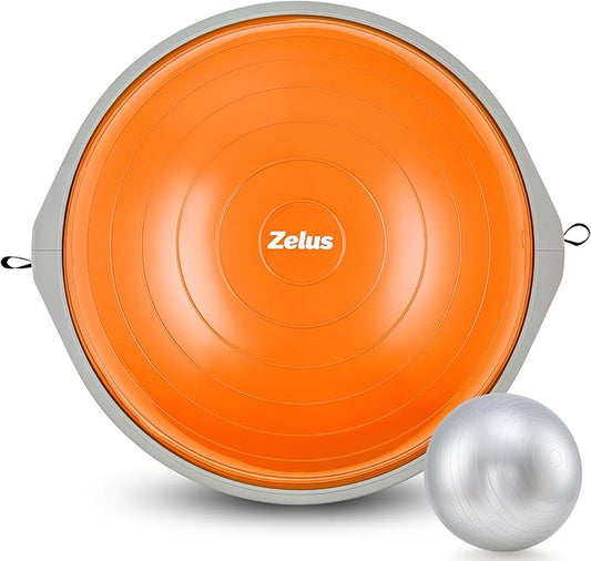 ZELUS 25in. Balance Ball | 660lb Inflatable Half Exercise Ball Wobble Board Balance Trainer w Nonslip Base | Half Yoga Ball Strength Training Equipment w 2 Bands, Pump, Extra Ball Included