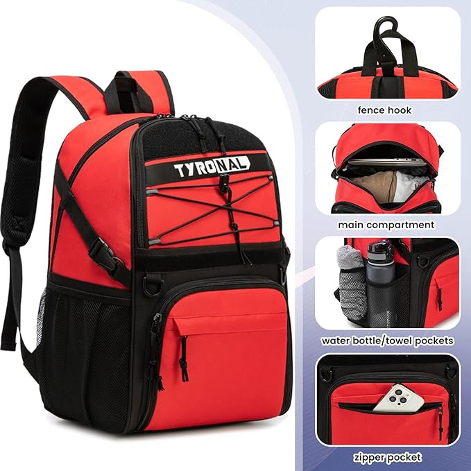 Basketball Bag Backpack with Ball Holder and Shoes Compartment,Best for Basketball, Soccer, Volleyball, Gym. (RED)
