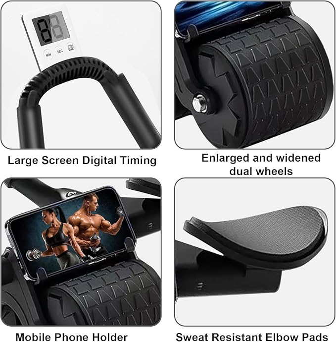 Bersauji 2025 New Ab Roller Wheel with Knee Mat &Timer, Automatic Rebound Abdominal Wheel, Ab Abdominal Exercise Roller with Elbow Support, Abs Workout Equipment Ab Exercise Roller for Women Men.