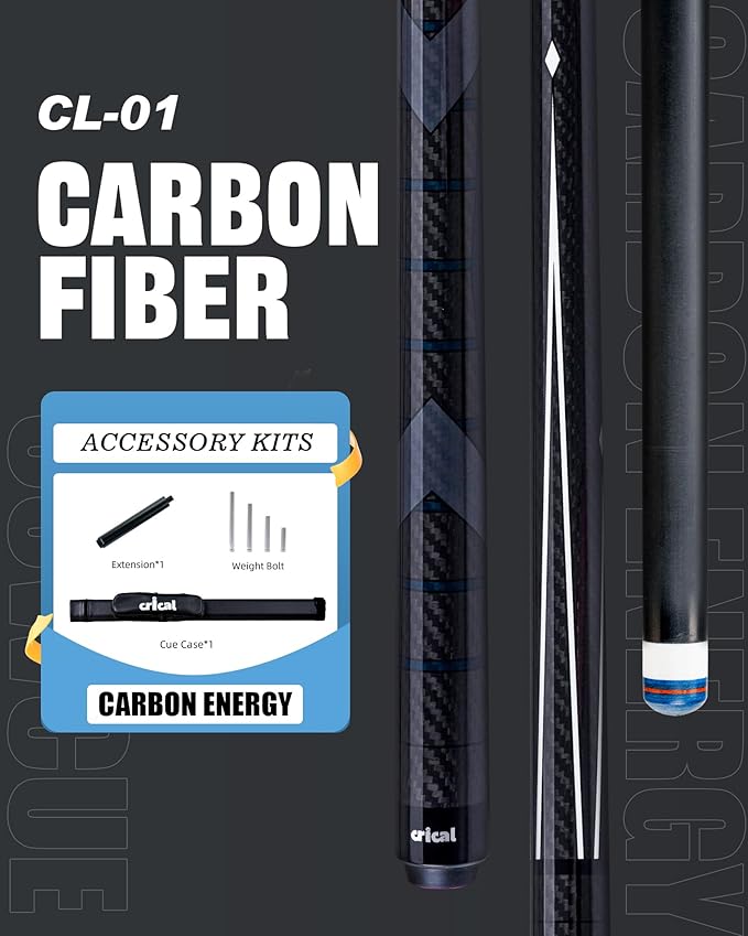 CRICAL Carbon Fiber Pool Cue Stick 58" Billiard Cue Sticks Professional Low Deflection Pool Sticks with 3/8 * 8 Pin Joint and 12.5mm Tip