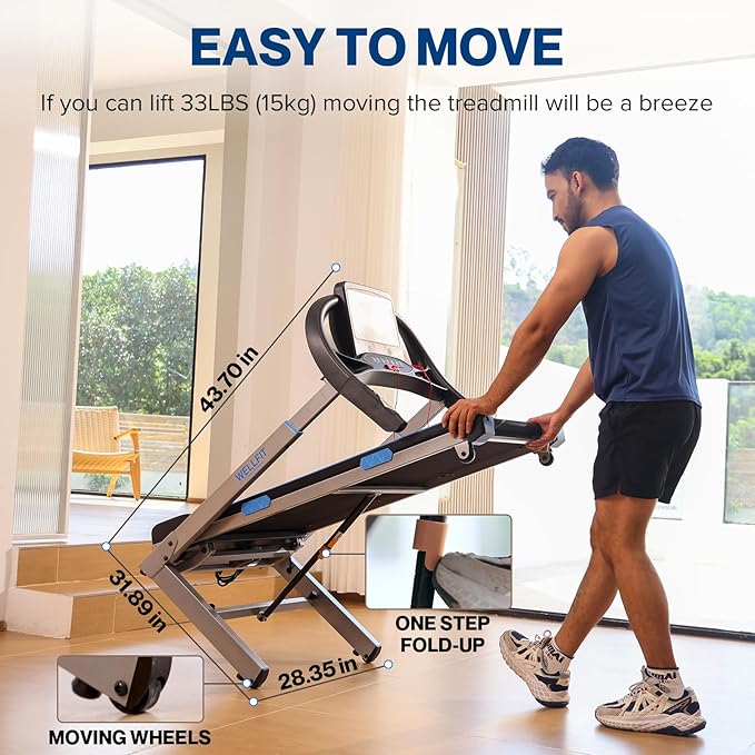 WELLFIT TM007 Auto Incline Treadmill, 4.0HP Heavyduty Treadmill for 400lbs+ Capacity, Adjustable Height for 5'2"- 6'4" Users, 95% Assembled, LED Console, 45*18 Large Area, 8.7MPH, Foldable Space Saver