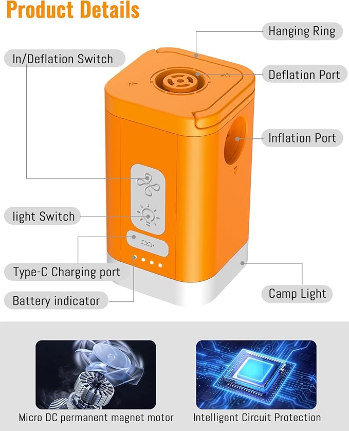 Electric Air Pump for Inflatables, 4kPa Rechargeable Portable Air Pump with Camping Light, Quickly Inflation Deflation for Camping, Travel, Pool Floats, Air Mattress, Vacuum Storage Bags