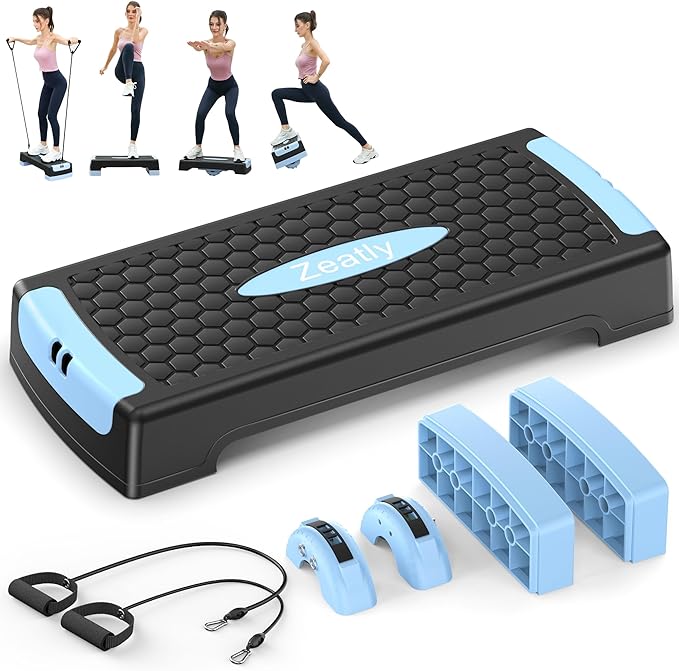 4-in-1 Adjustable Aerobic Step Platform (4"/6") - Workout Stepper with Resistance Bands, Non-Slip Balance Board - Home Gym Equipment for Step Training, Cardio, Pilates & Physical Therapy