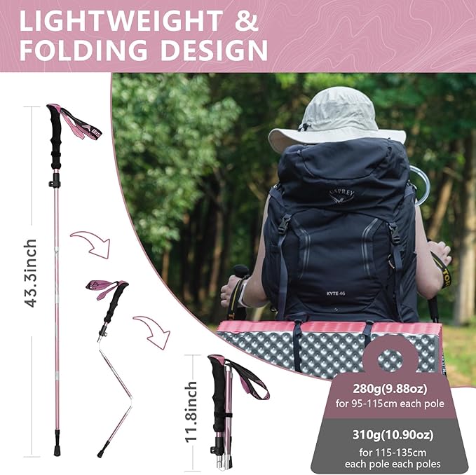 BISINNA Hiking Poles Collapsible Trekking Poles Aluminum Alloy Hiking Sticks 2 pc Lightweight Adjustable Folding Stick for Wowen Men Walking Sticks with Quick Lock System