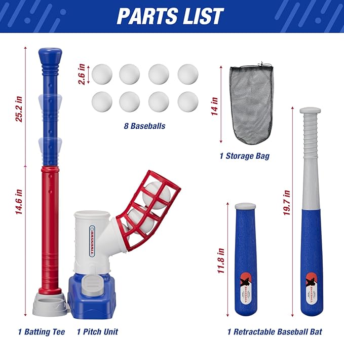 Tball Set for Toddlers 3-5, Tee Ball Set with Step on Pitching Machine/Adjustable Batting Tee/Retractable Baseball Bat/8 Pop Up Balls, Outdoor Sport Toy Games for Kids Boys
