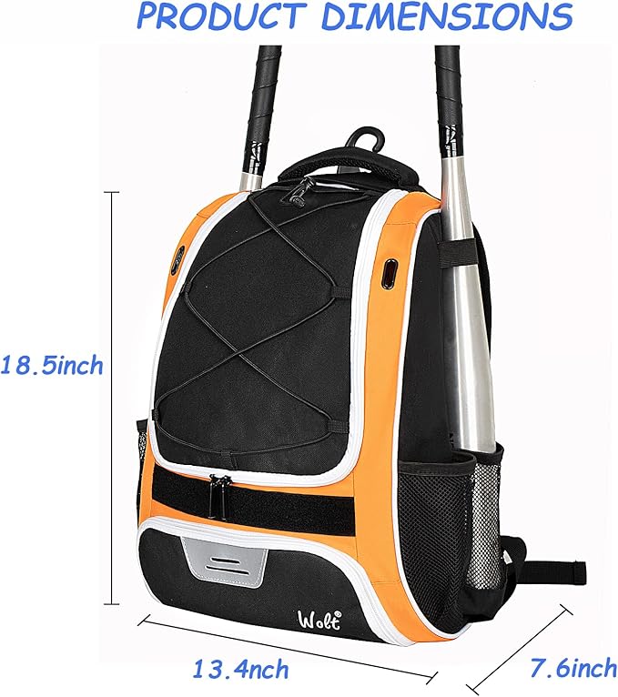 WOLT Youth Baseball Bag - Bat Backpack for Baseball, T-Ball & Softball Equipment & Gear, Bat & Glove Holder, Large Main Compartment for Helmet & accessories, Separate Shoes Compartment, Fence Hook