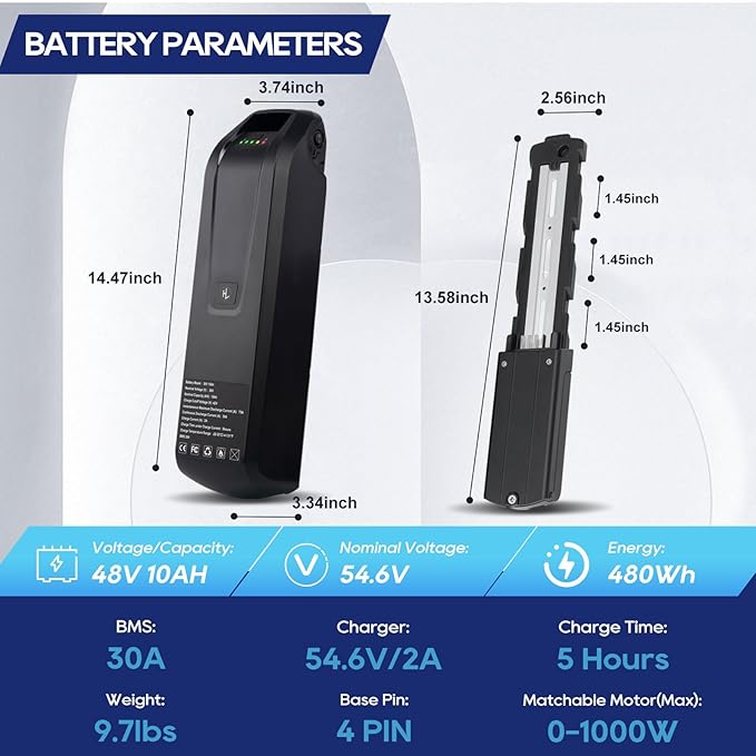 UAZ 36V 48V 52V Ebike Battery 4 Pin 10Ah 15Ah 20Ah Electric Bike Battery with 40A BMS Safe Lock, Led Indicator Light, for 200-1500W Motor Tricycle, Mountain Bicycle Batteries (48V10AH-4PIN)