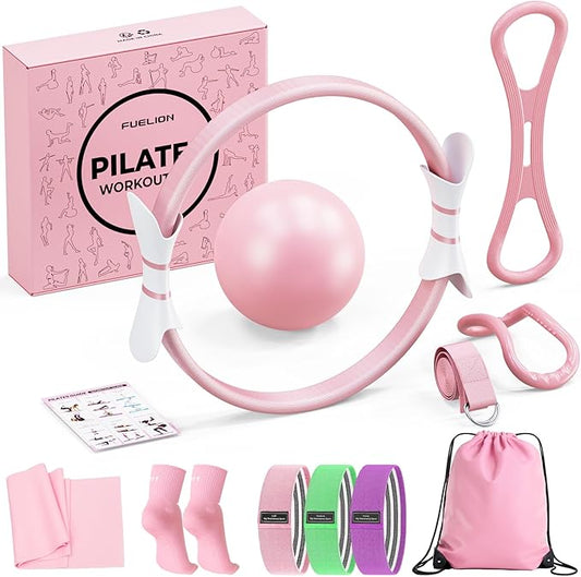 Pilates Ring Set for Women, Home Workout Pilates Equipment with Resistance Bands, 14'' Magic Circle, Mini Ball, Pilates Starter Kit for Strength, Toning and Flexibility, Workout Guide Included