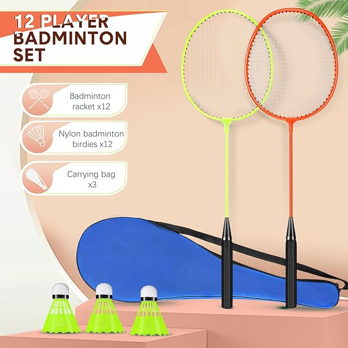 12 Pack Badminton Rackets Set Including Rackets, Nylon Shuttlecocks and Carry Bag for Outdoor Backyard Games Beginners