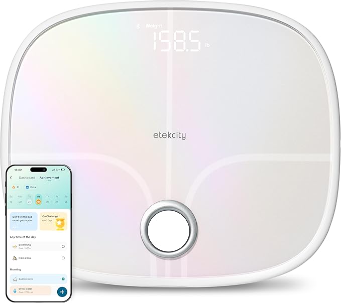 Etekcity Smart Rechargeable Scale for Body Weight, BMI, Fat, Muscle Mass, Digital Bathroom Scale with 13 Metrics, Secret Mode, Bluetooth Connect to Free Apps, Rainbow White