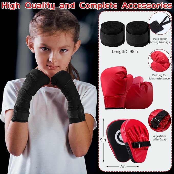 7 Pcs Kids Punching Bag Set Include Boxing Gloves, Inflatable Punching Bag, Hand Wraps, Hand Pads, Air Pump, Kids Boxing Training Set for Karate Kickboxing Taekwondo