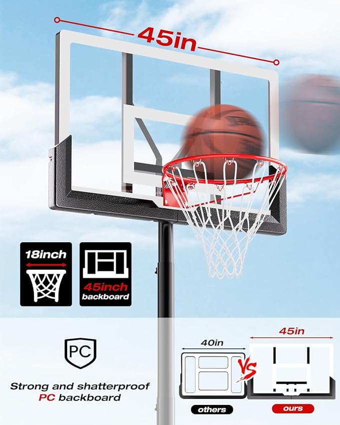Basketball Hoop Outdoor 10 FT Height Adjustable, Portable Basketball Goals Systems with 45" Backboard for Youth Adults Kids - Backyard, Driveway, Indoor Play