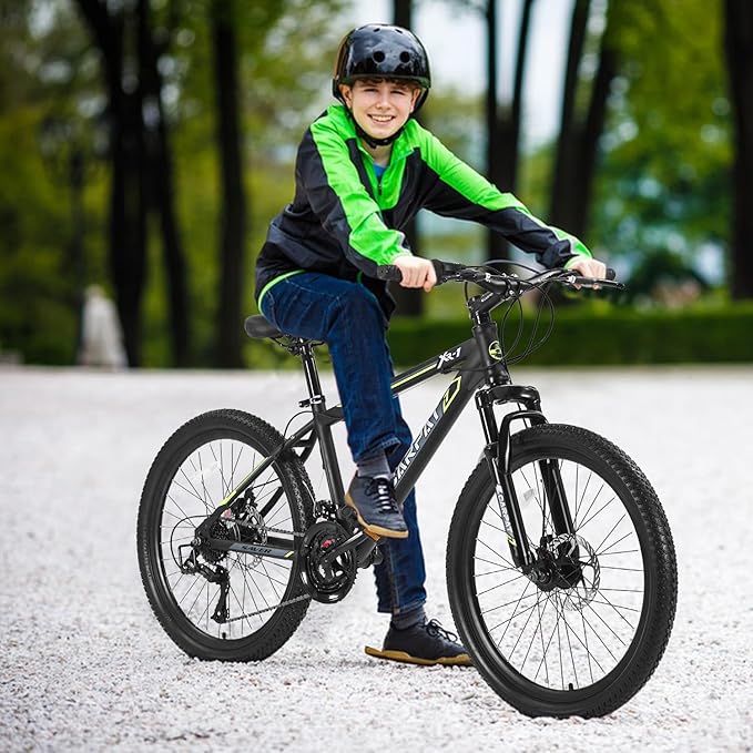 24/26 Inch Mountain Bike, 21 Speed Mountain Bicycle with High Carbon Steel Frame, Dual Disc Brakes and Front Suspension, MTB Bike for Adult Teenagers Boys Girls