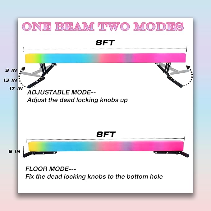 Adjustable Balance Beam Gymnastics Beam 8 FT Adjustable Height Beams for Kids, High and Low Floor Beams,Gymnastics Equipment for Kids Adults Training at Home and Gym Center