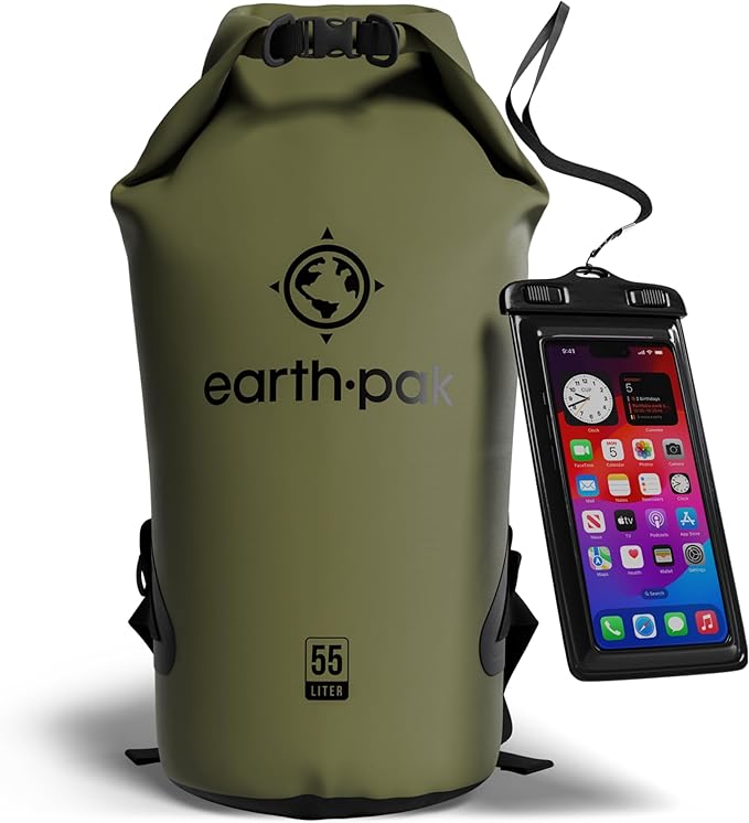 Earth Pak Waterproof Dry Bag - Roll Top Waterproof Backpack Sack Keeps Gear Dry for Kayak with Waterproof Phone Case