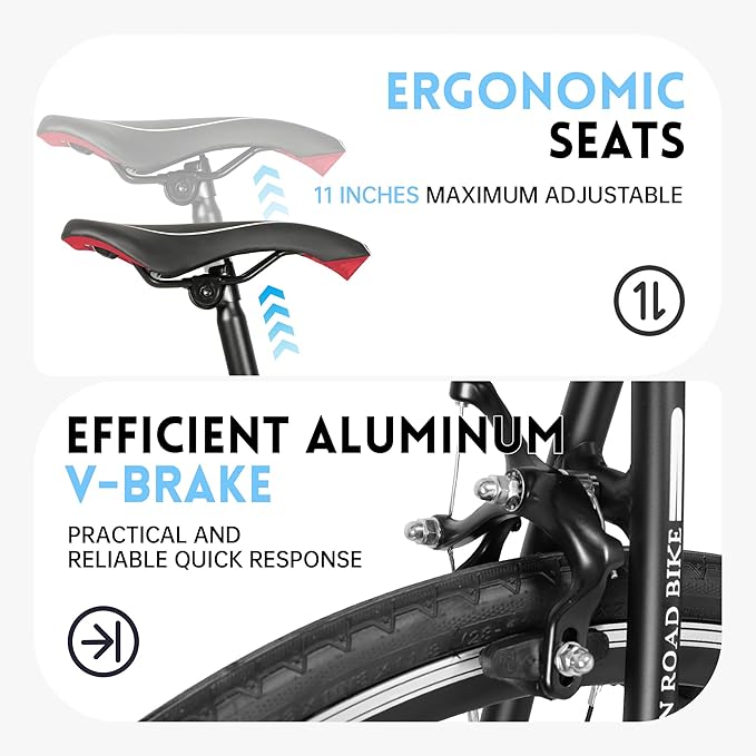 Road Bike 14-21Speed 700C Wheel with Light Aluminum Alloy Frame Commuter Bicycle with Dual Disc/V Brakes for Women and Men Black,White,Blue,Red