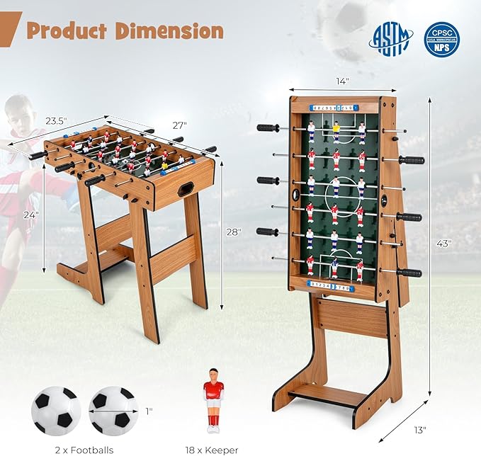 GYMAX Folding Foosball Table, 27” Freestanding Foosball Table with Balls for Family Gaming Room, Soccer Game Table for Adult Kids ASTM Certificated