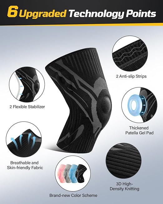 Knee Compression Sleeve - 6 UPGRADED FEATURES - Knee Brace for Men & Women, Knee Support for Running, Gym, Hiking, Sports, Black, XX-Large